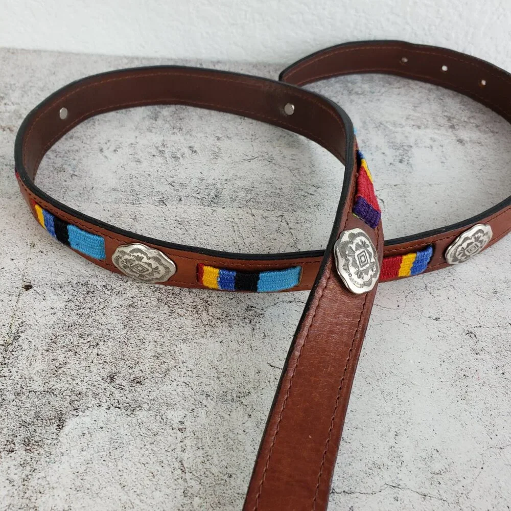 Vintage FOSSIL Leather Belt Bohemian Western Concho Embellished Embroidered sz L